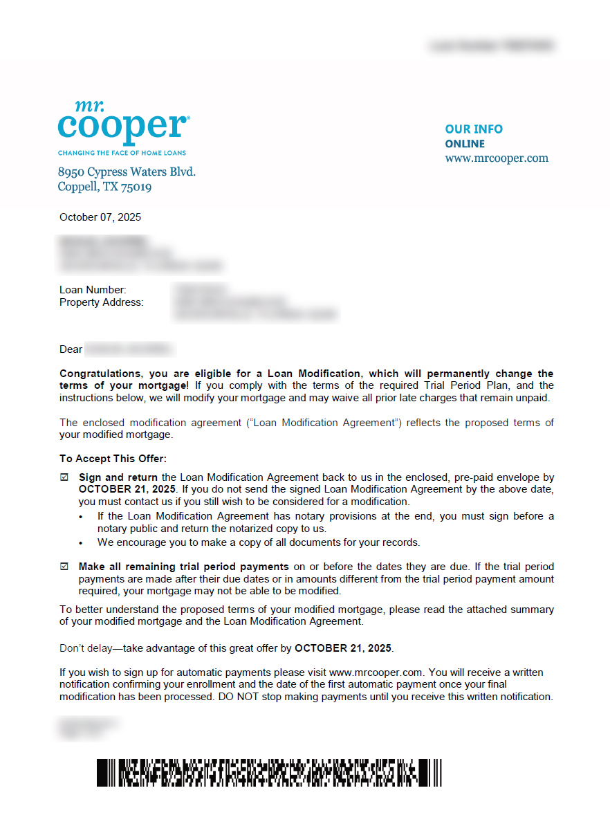 Official Bank Loan Modification Approval Letter #1
