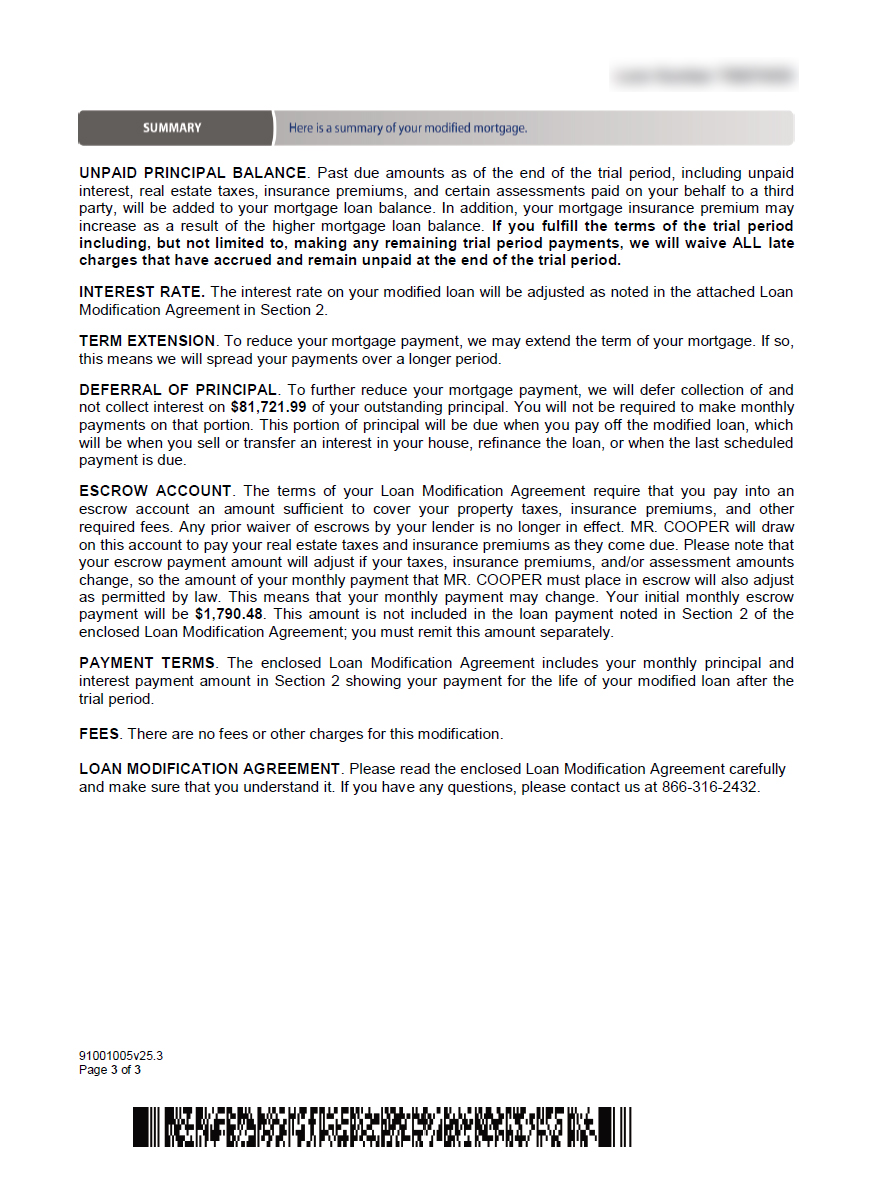 Loan Modification Summary Document